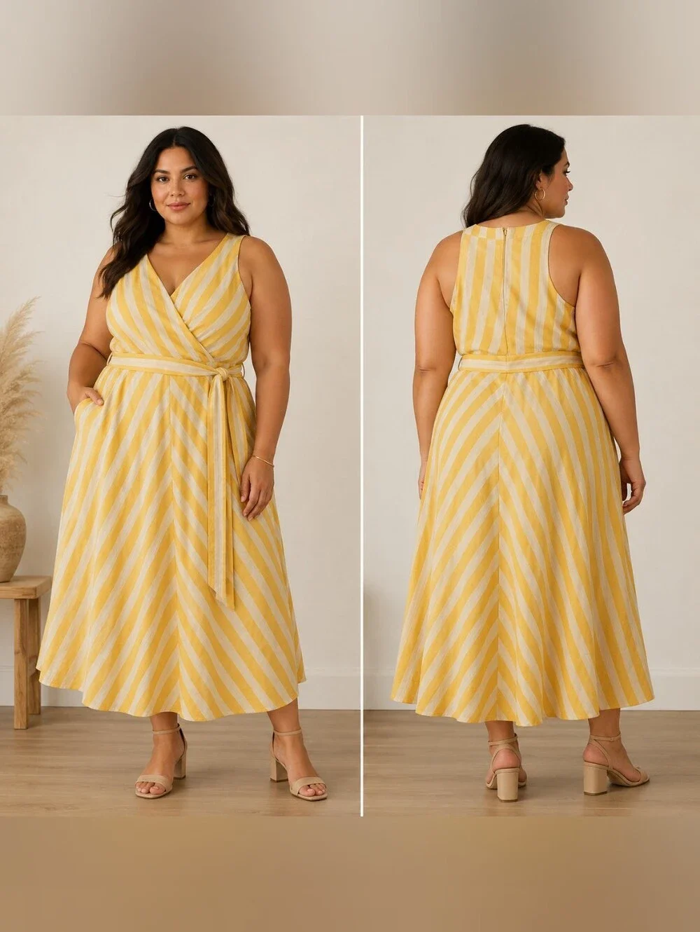 NYCO Yellow Cream Striped Wrap Midi Dress Linen Blend Belted Pockets Sleeveless